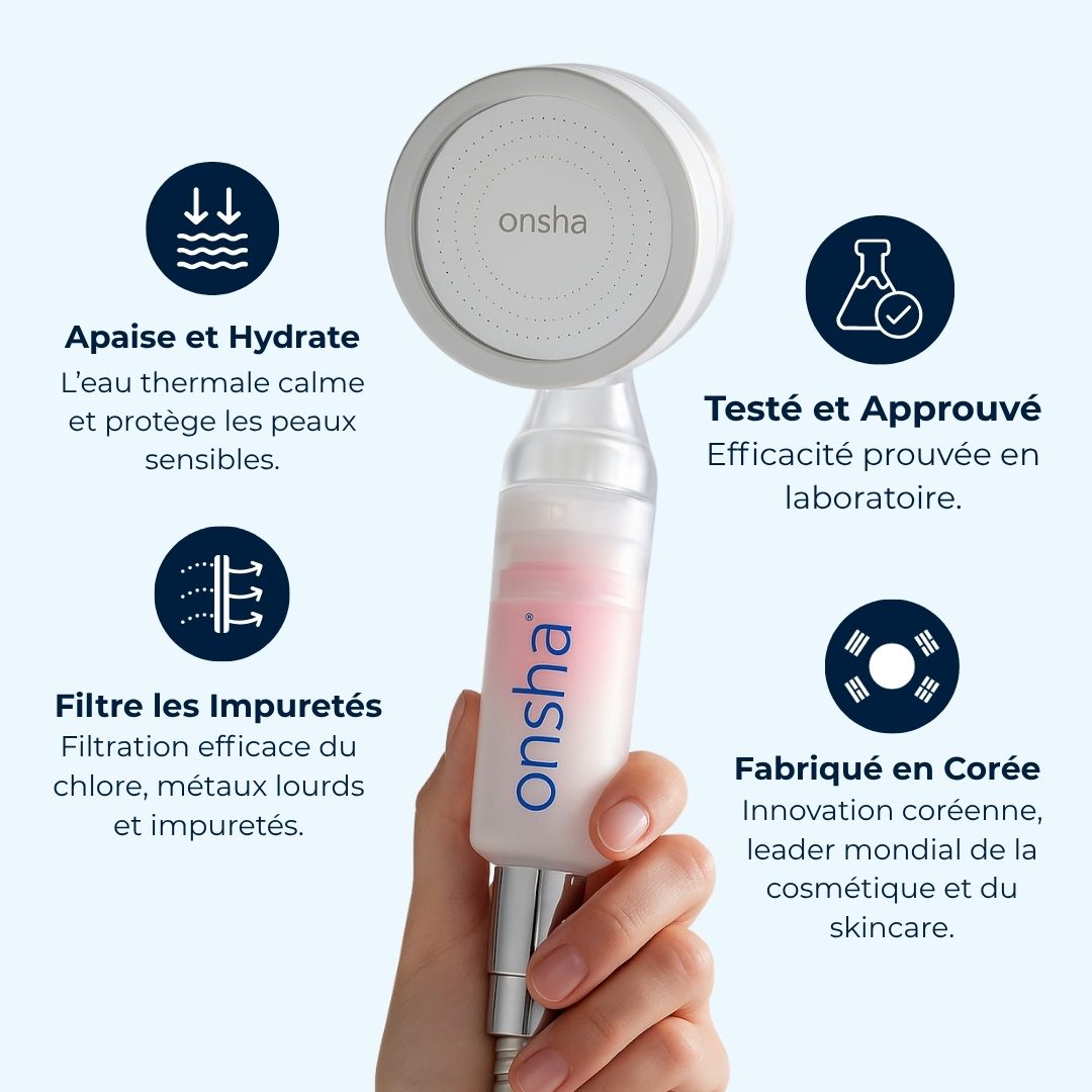 Bénéfices pommeau de douche filtrant et diffuseur d’eau de source Onsha Home Gif Garanties