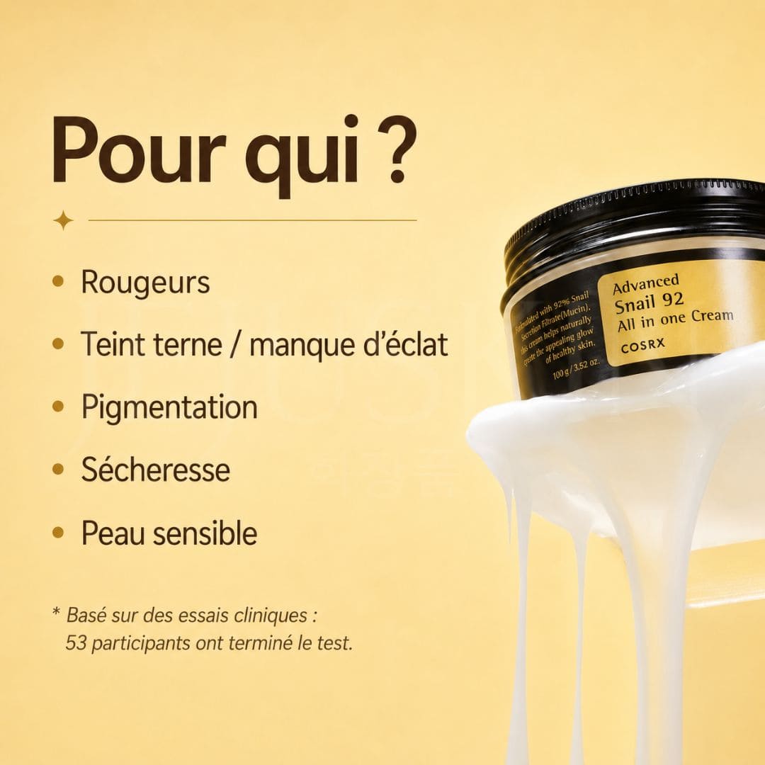 Crème hydratante coréenne COSRX à la bave d’escargot pour peau sensible, sèche, terne, avec rougeurs et pigmentation.ion, sécheresse et peau sensible