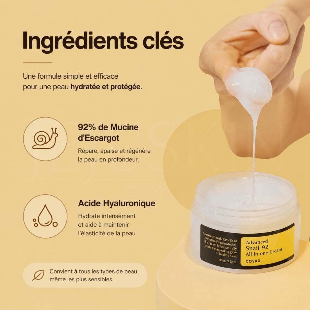 Des ingrédients hydratants avec la crème hydratante Advanced Snail 92 tout en un de chez COSRX