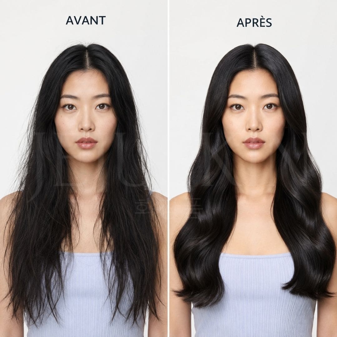 Des résultats image avant après du Soin réparateur intense pour cheveux abîmés Tender Bloom de chez UNOVE