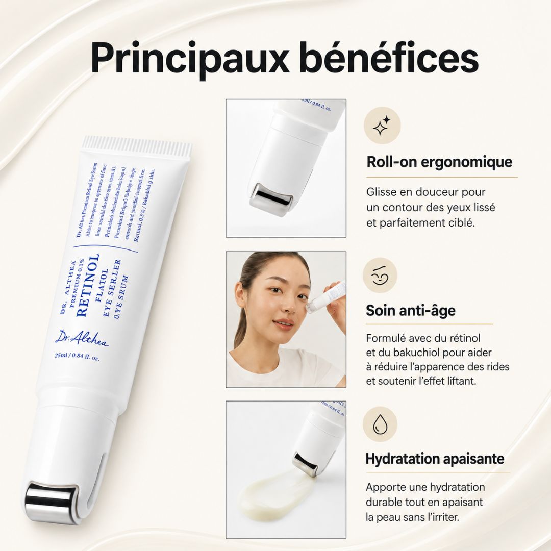 Dr.Althea Roller contour des yeux lissant au rétinol Bénéfices anti-âge, liftants et hydratants grâce au roll-on au rétinol et bakuchiol.