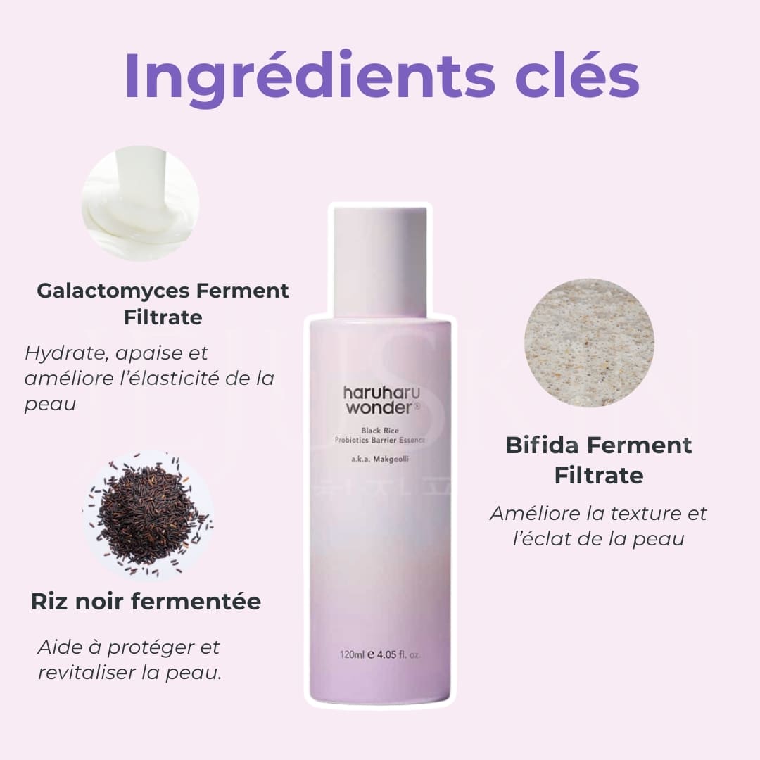 Haruharu Wonder Essence réparatrice et protectrice aux probiotiques de riz noir ingrédients