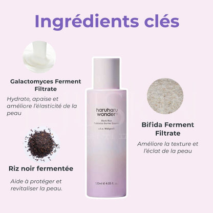 Haruharu Wonder Essence réparatrice et protectrice aux probiotiques de riz noir ingrédients