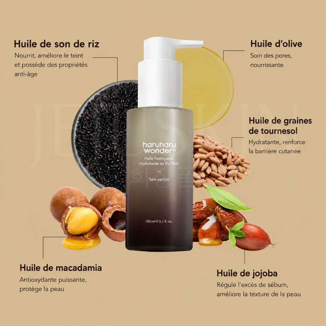 Haruharu Wonder  Huile nettoyante profonde et hydratante au riz noir ingrédients clés 