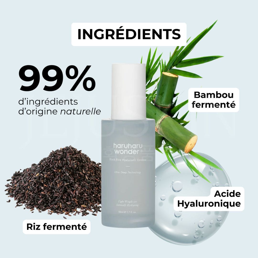 Haruharu Wonder essence à l’acide hyaluronique et au riz noir ingrédients