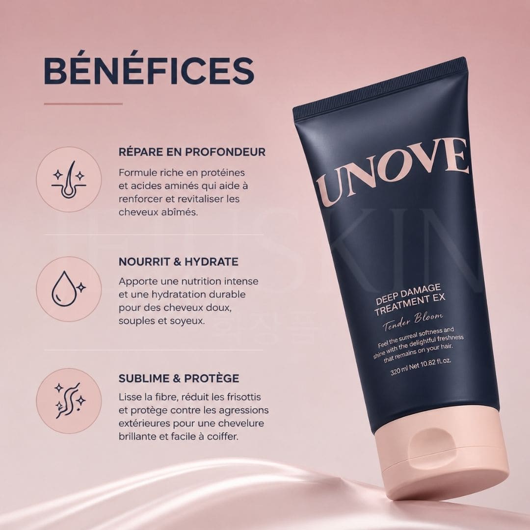 Les bénéfices  Soin réparateur intense pour cheveux abîmés Tender Bloom de chez UNOVE 