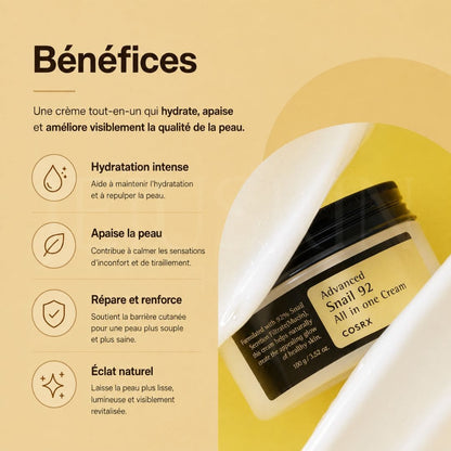 Les bénéfices sur la peau avec la crème hydratante Advanced Snail 92 tout en un  de chez COSRX