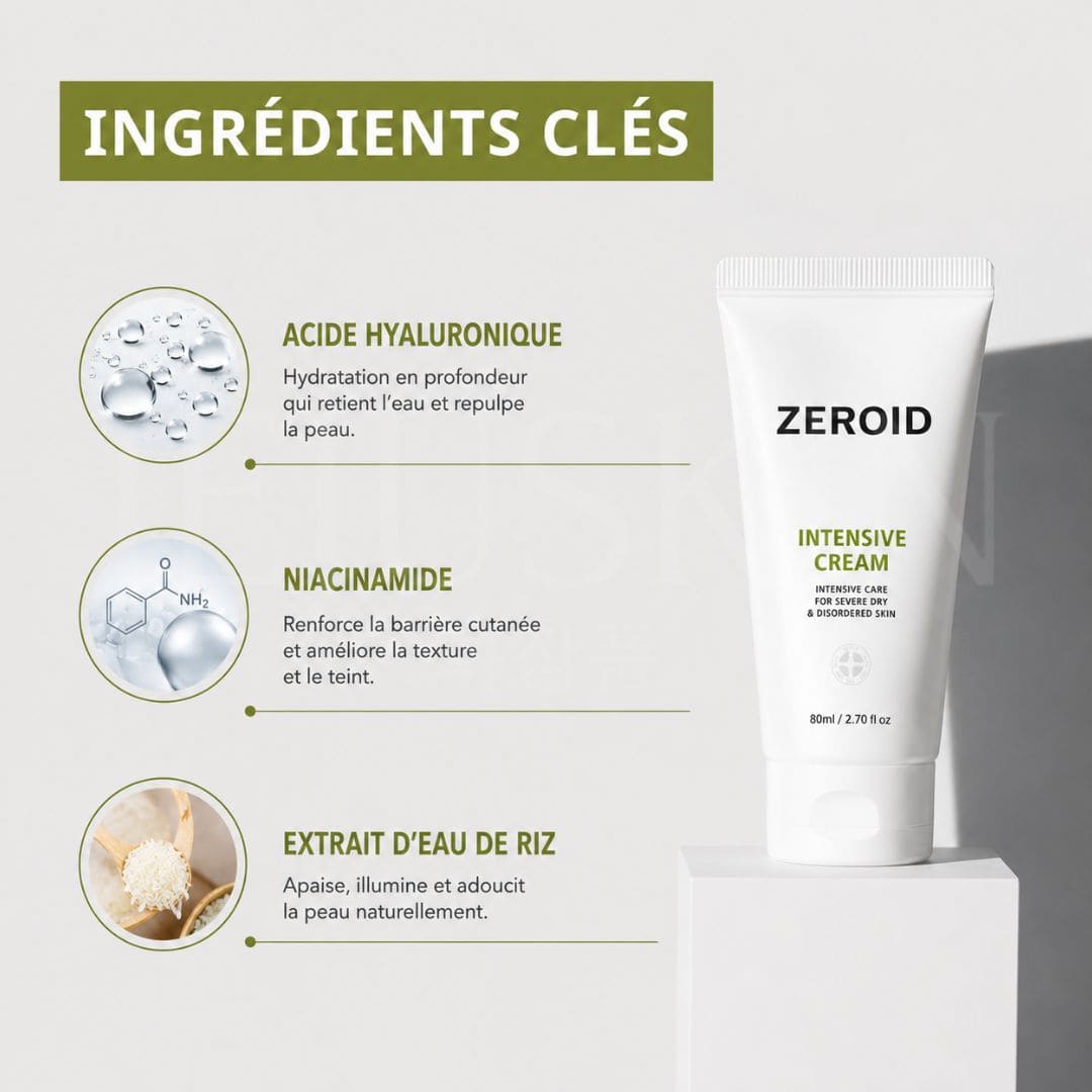 crème Zeroid crème intensive pour peaux sèches et sensibles  ingrédients clés 